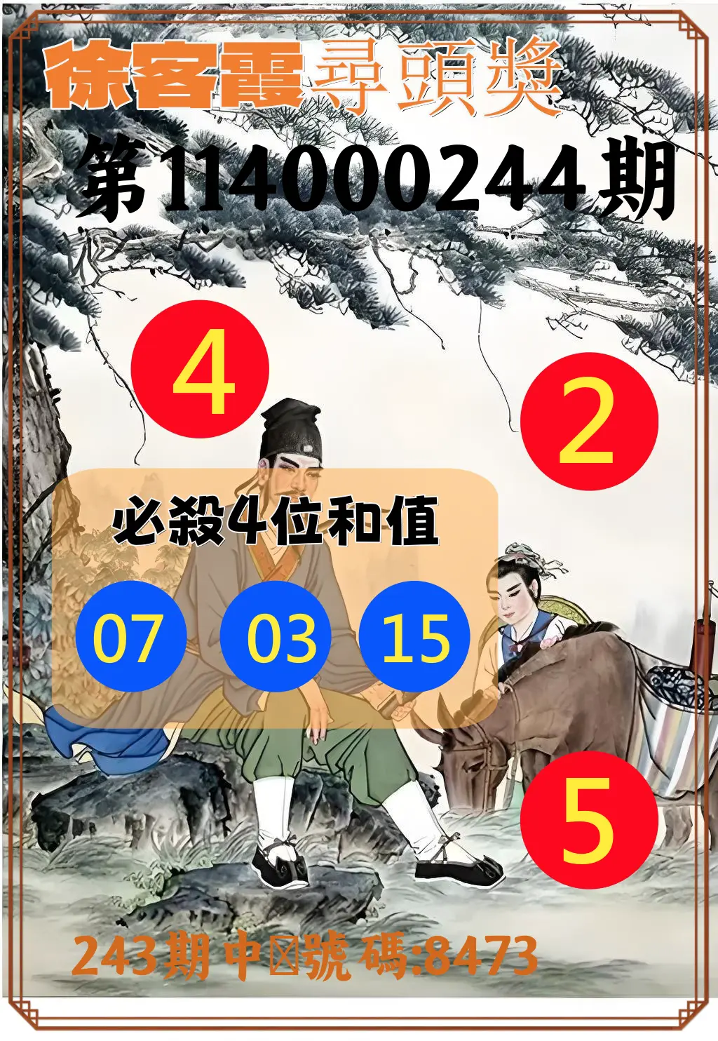 4星彩第114000244期(10/08)徐客霞尋頭獎
