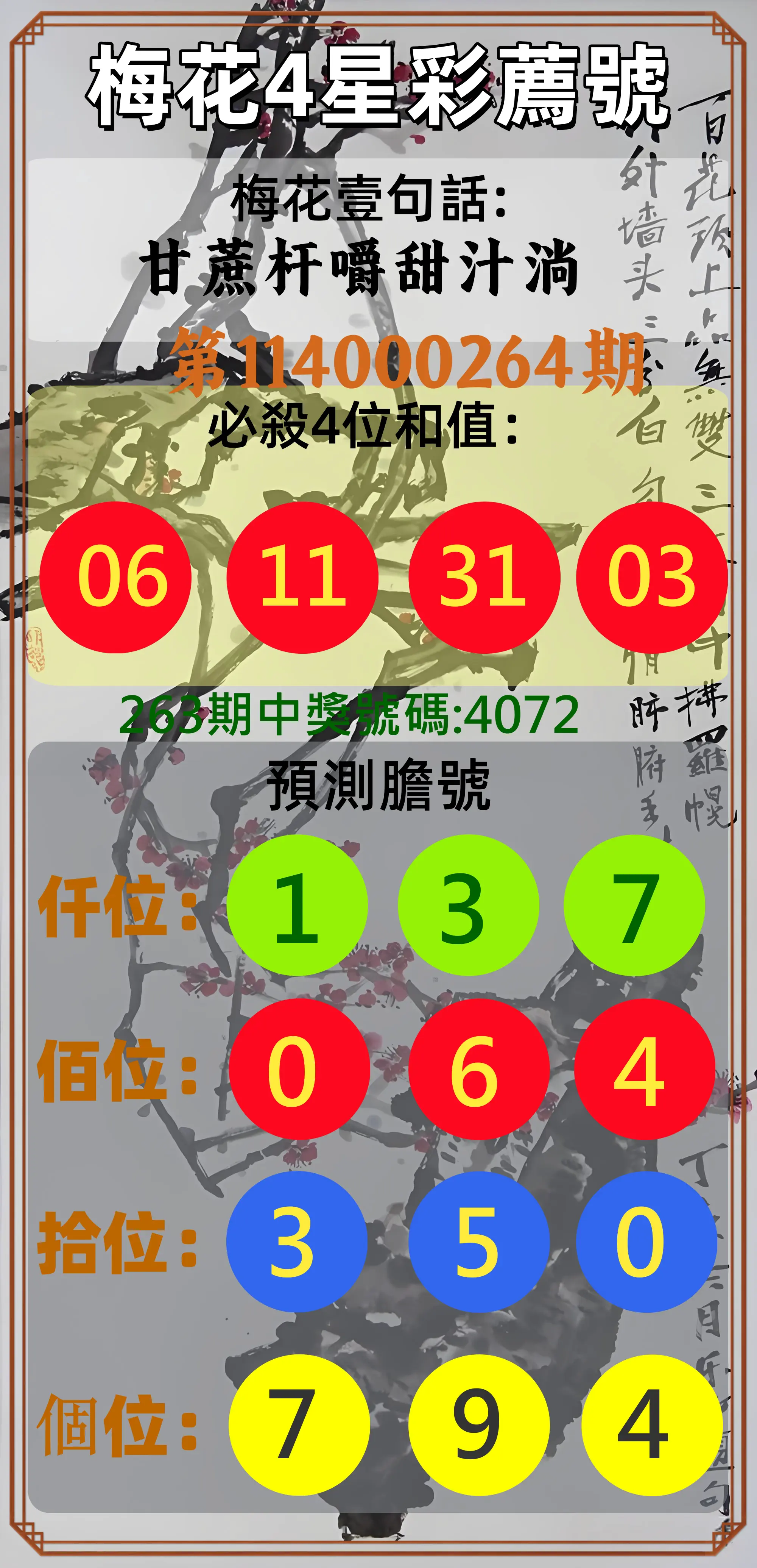 4星彩第114000264期(10/31)梅花4星彩薦號