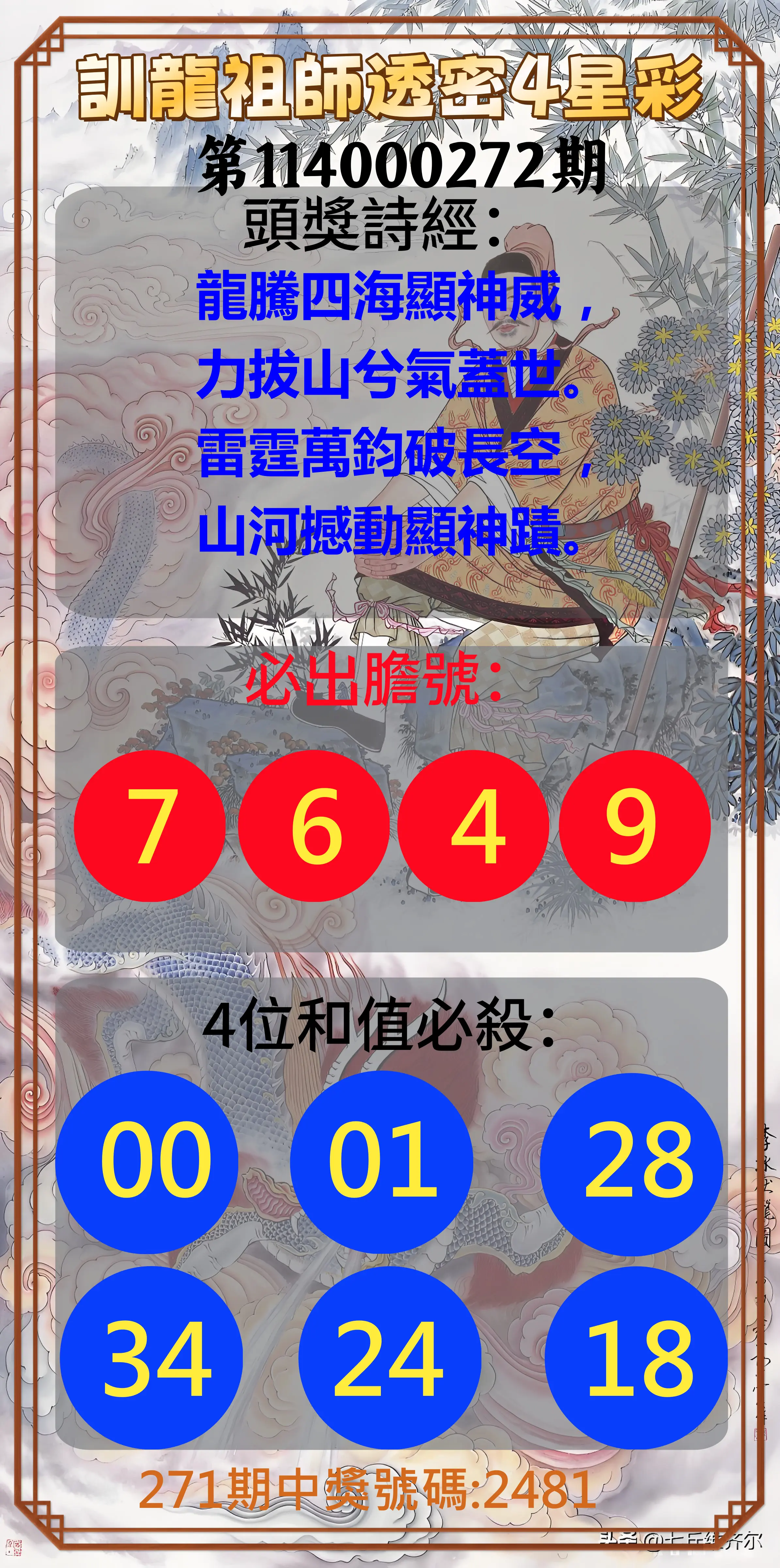 4星彩第114000272期(11/10)訓龍祖師透密4星彩
