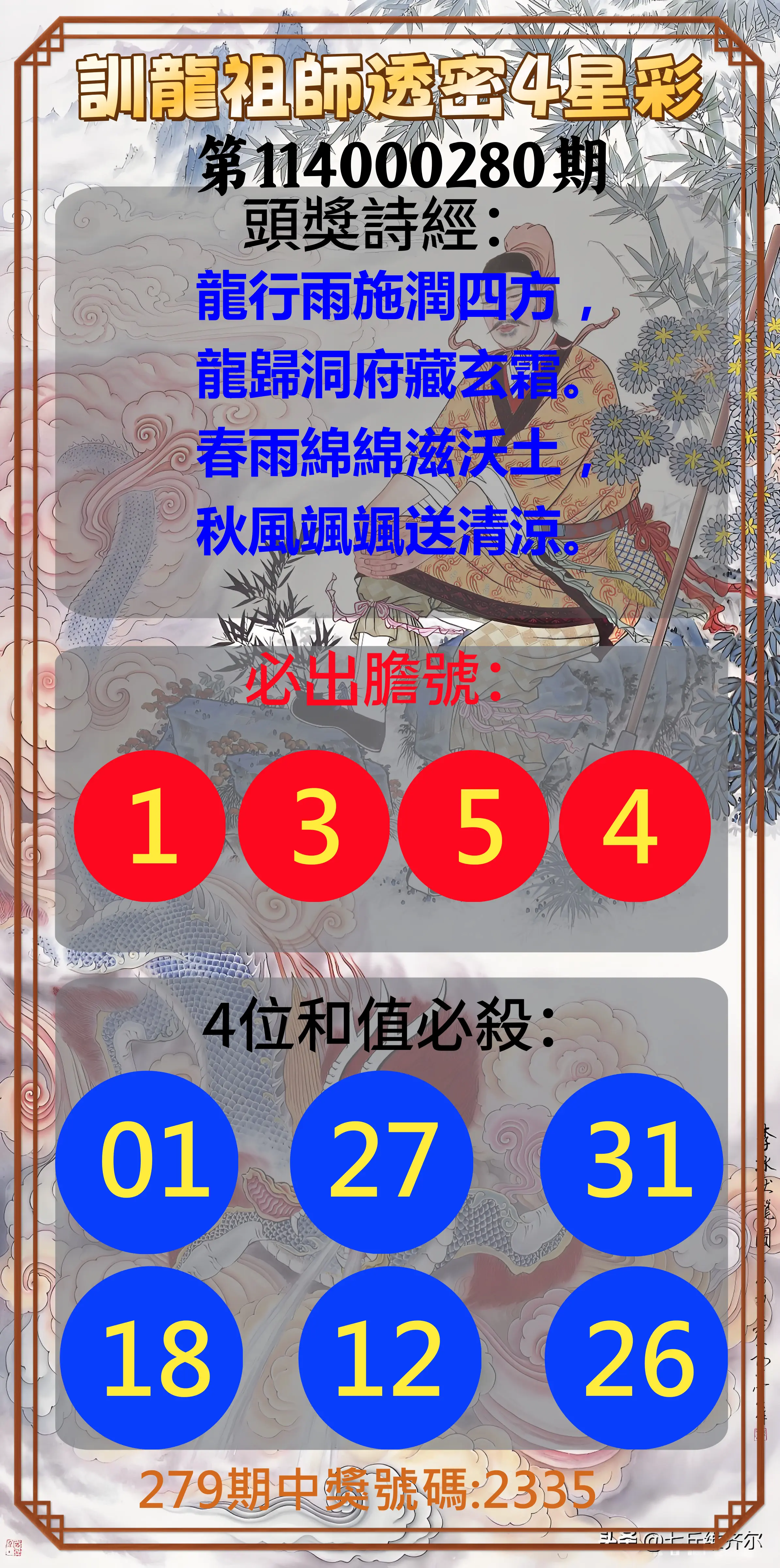 4星彩第114000280期(11/19)訓龍祖師透密4星彩