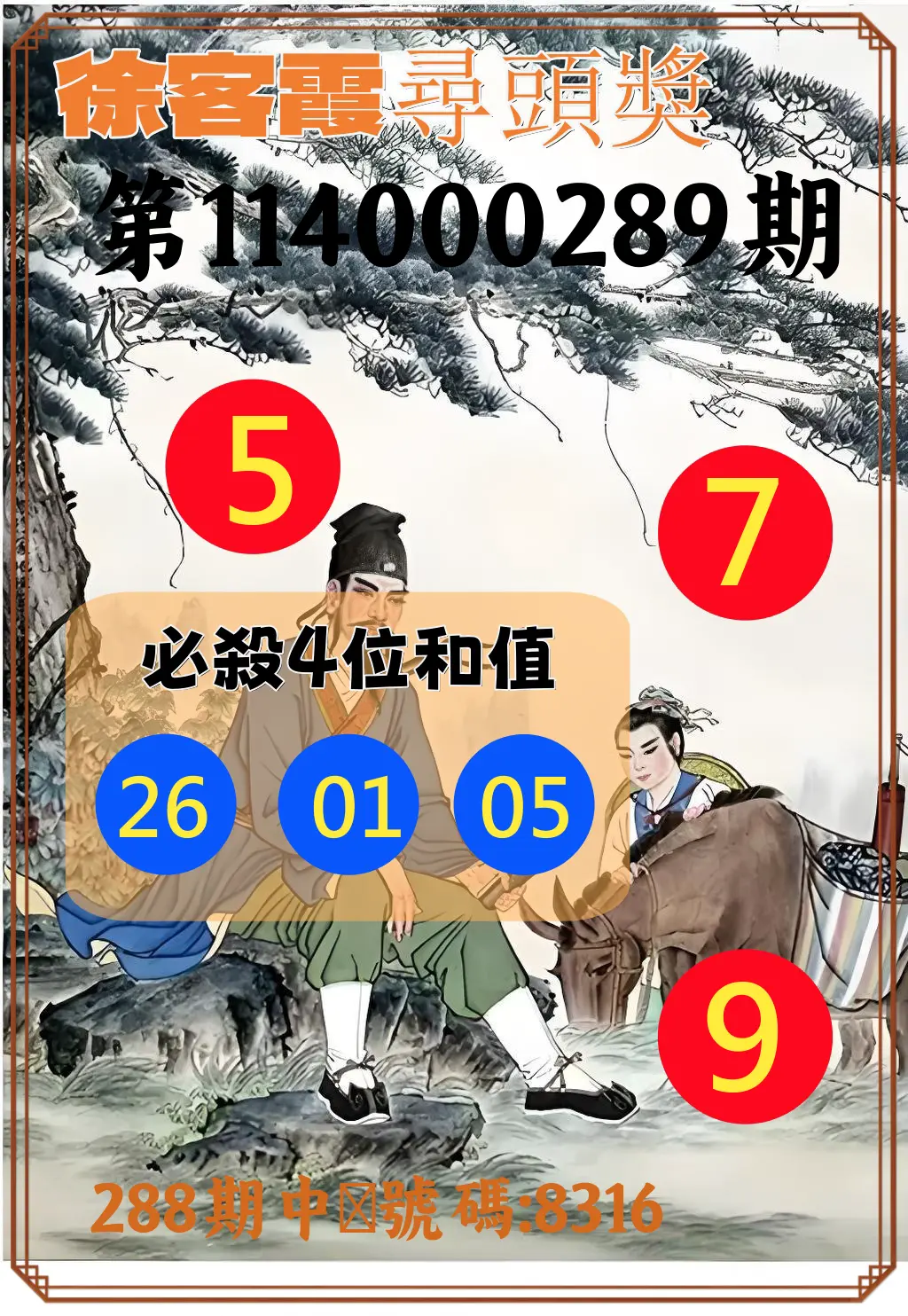 4星彩第114000289期(11/29)徐客霞尋頭獎