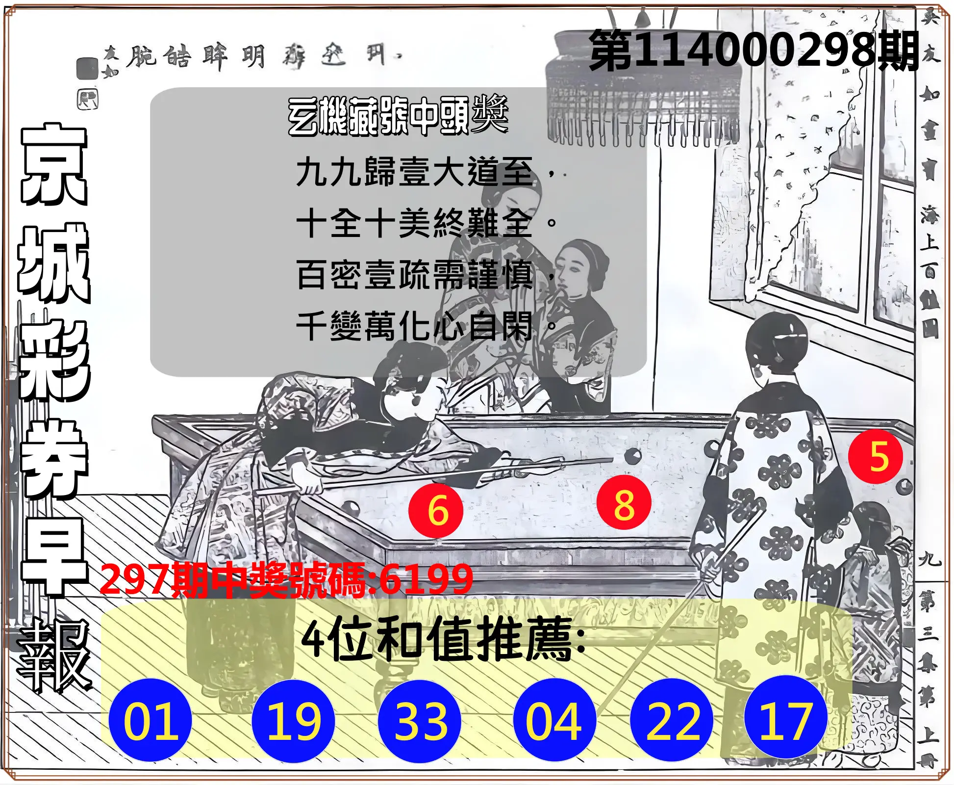 4星彩第114000298期(12/10)京城彩券早報