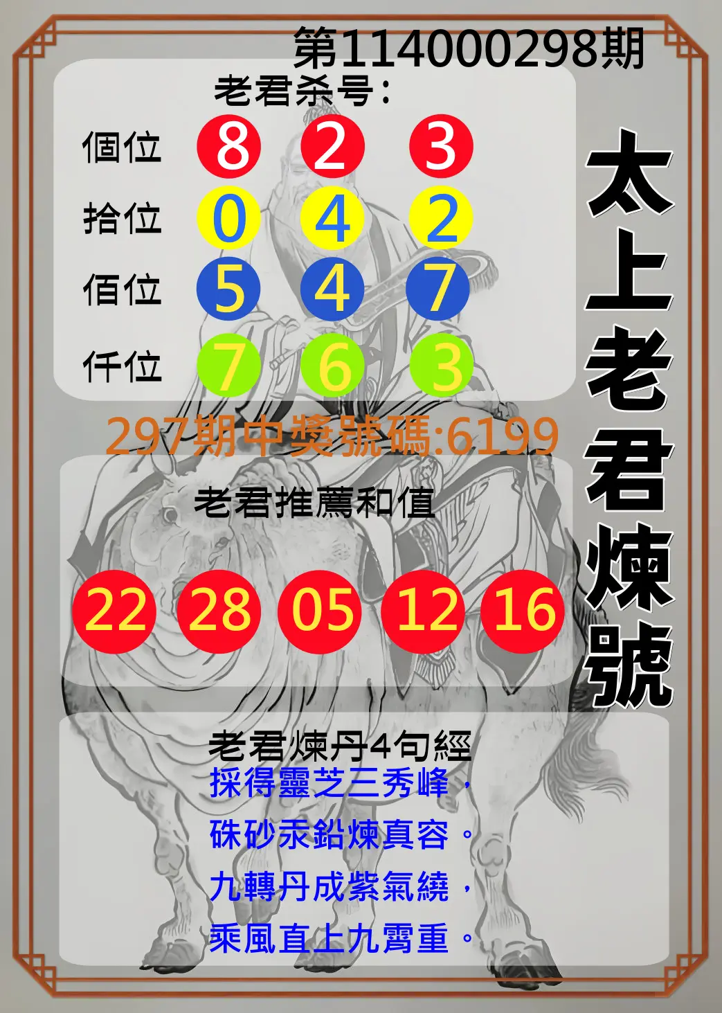 4星彩第114000298期(12/10)太上老君煉號