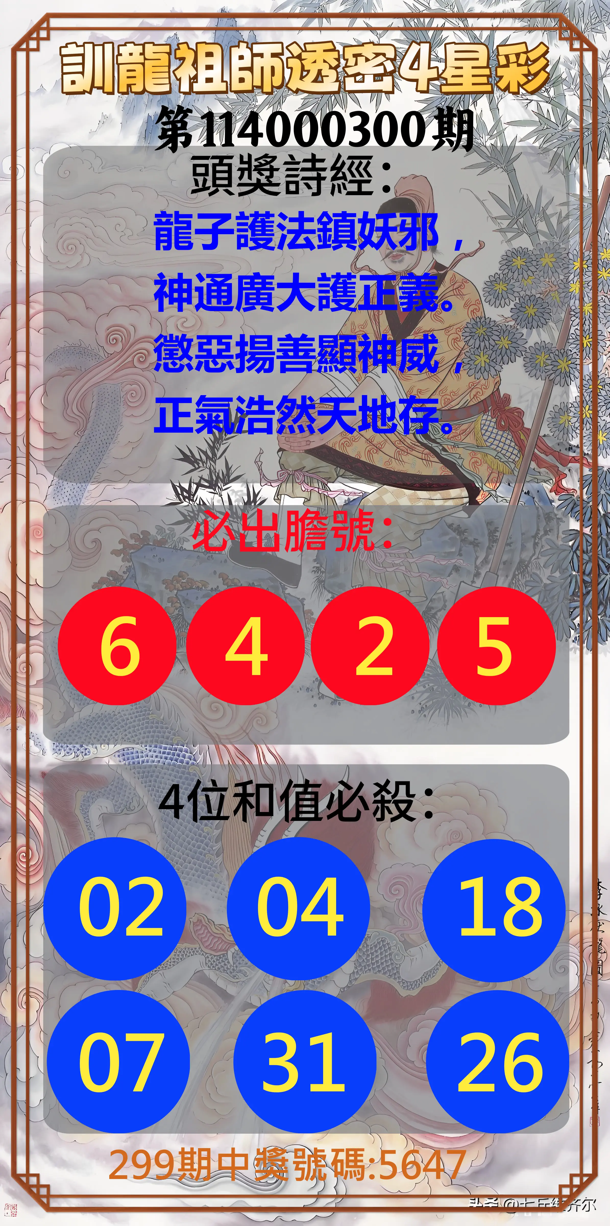4星彩第114000300期(12/12)訓龍祖師透密4星彩