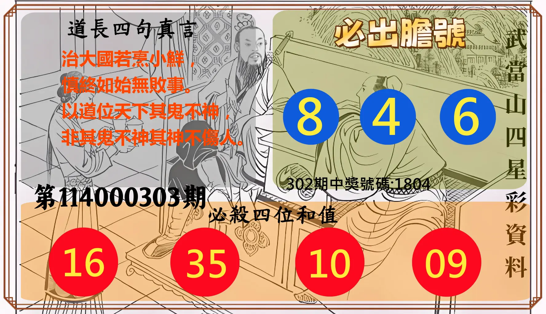 4星彩第114000303期(12/16)武當山四星彩資料