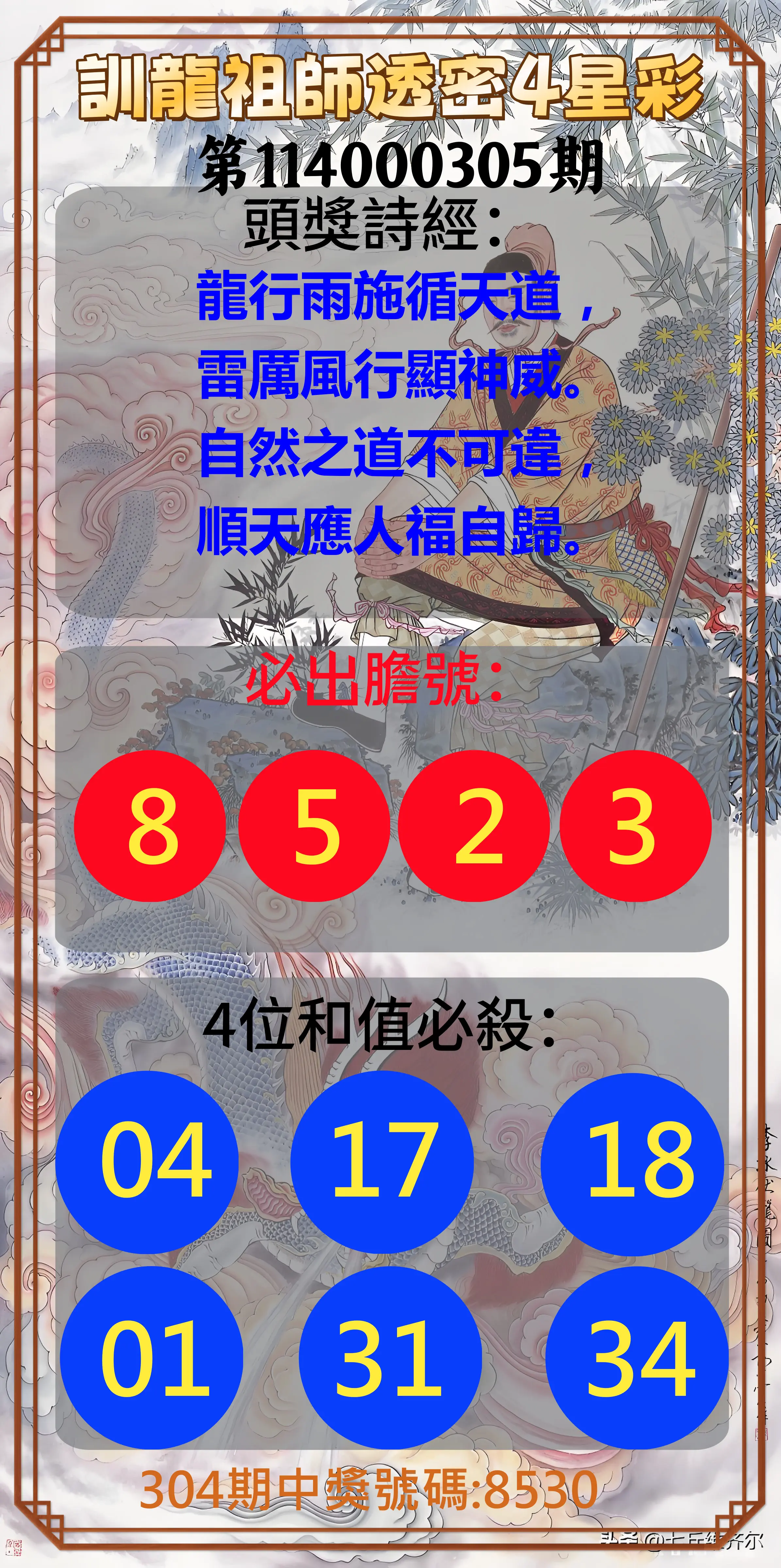 4星彩第114000305期(12/18)訓龍祖師透密4星彩