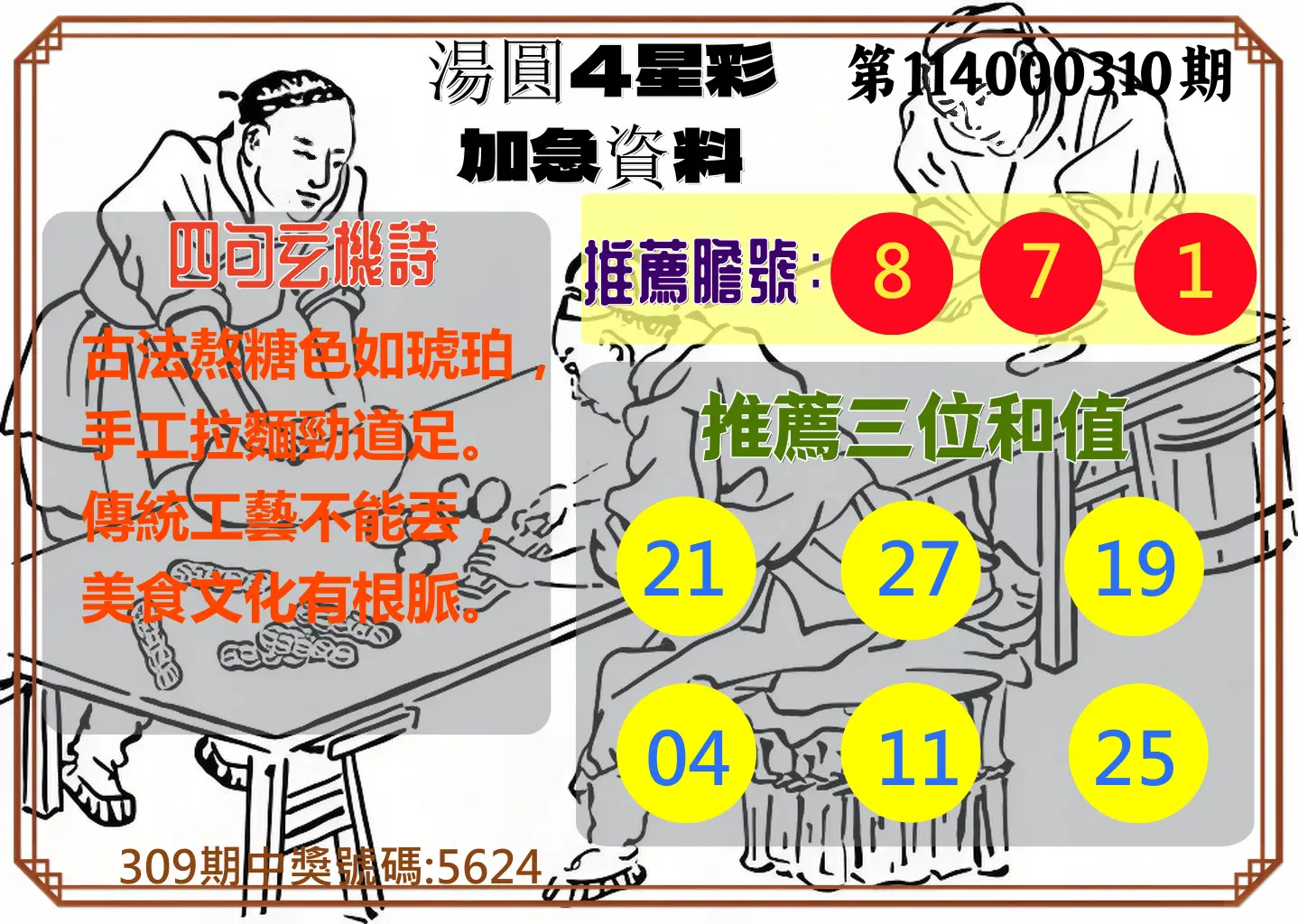 4星彩第114000310期(12/24)湯圓4星彩加急資料
