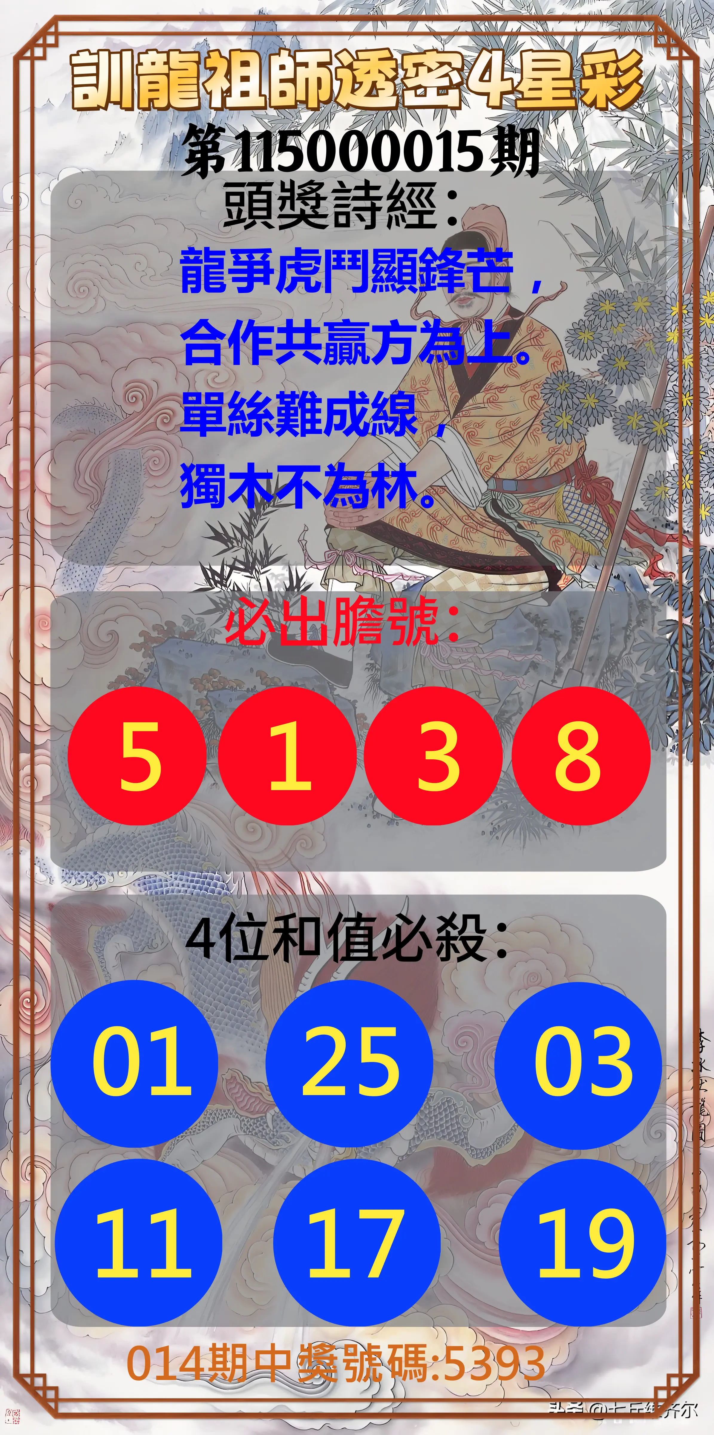 4星彩第115000015期(01/17)訓龍祖師透密4星彩