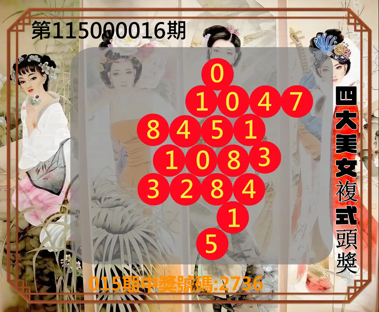 4星彩第115000016期(01/19)四大美女複式頭獎