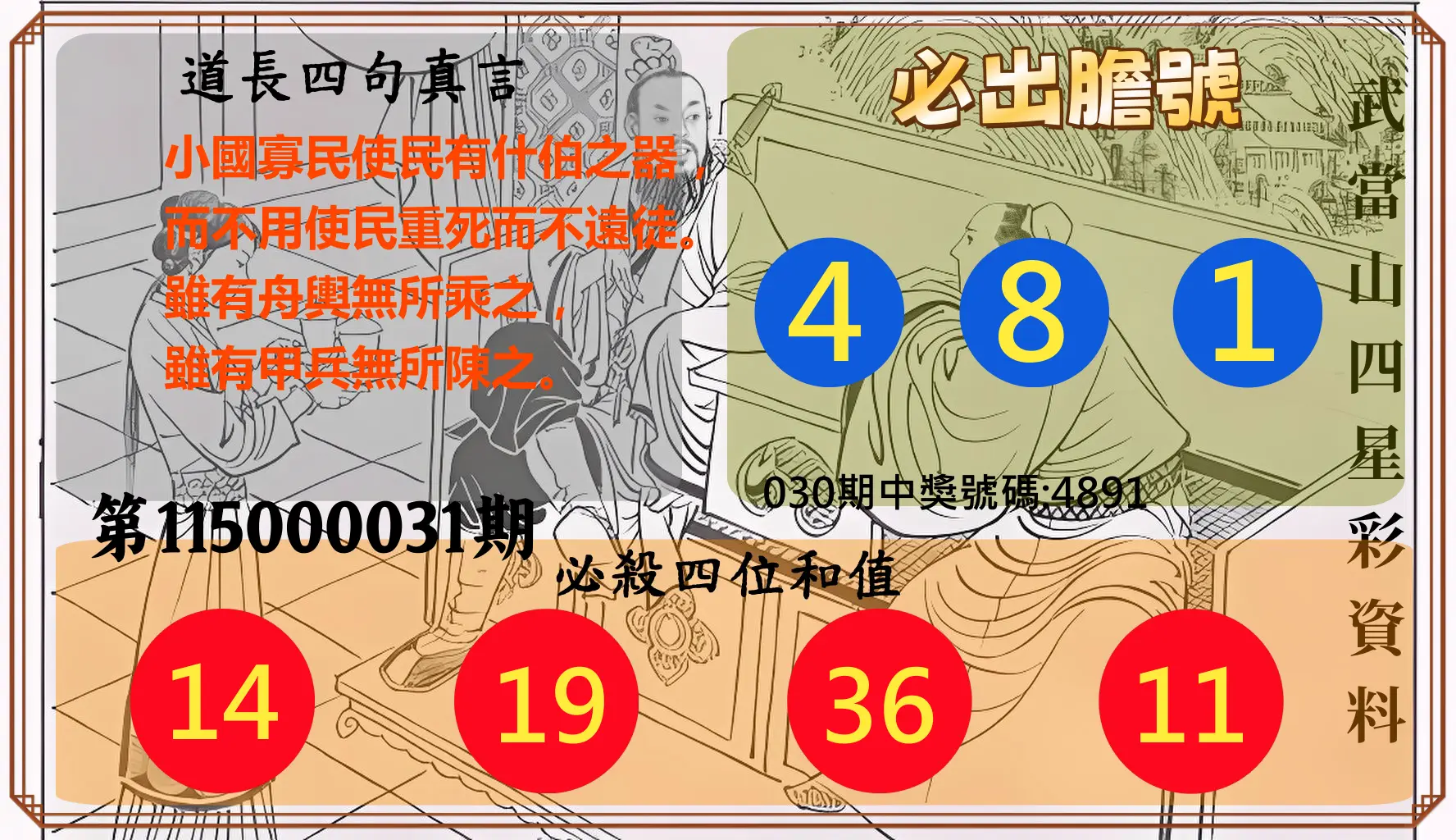 4星彩第115000031期(02/06)武當山四星彩資料