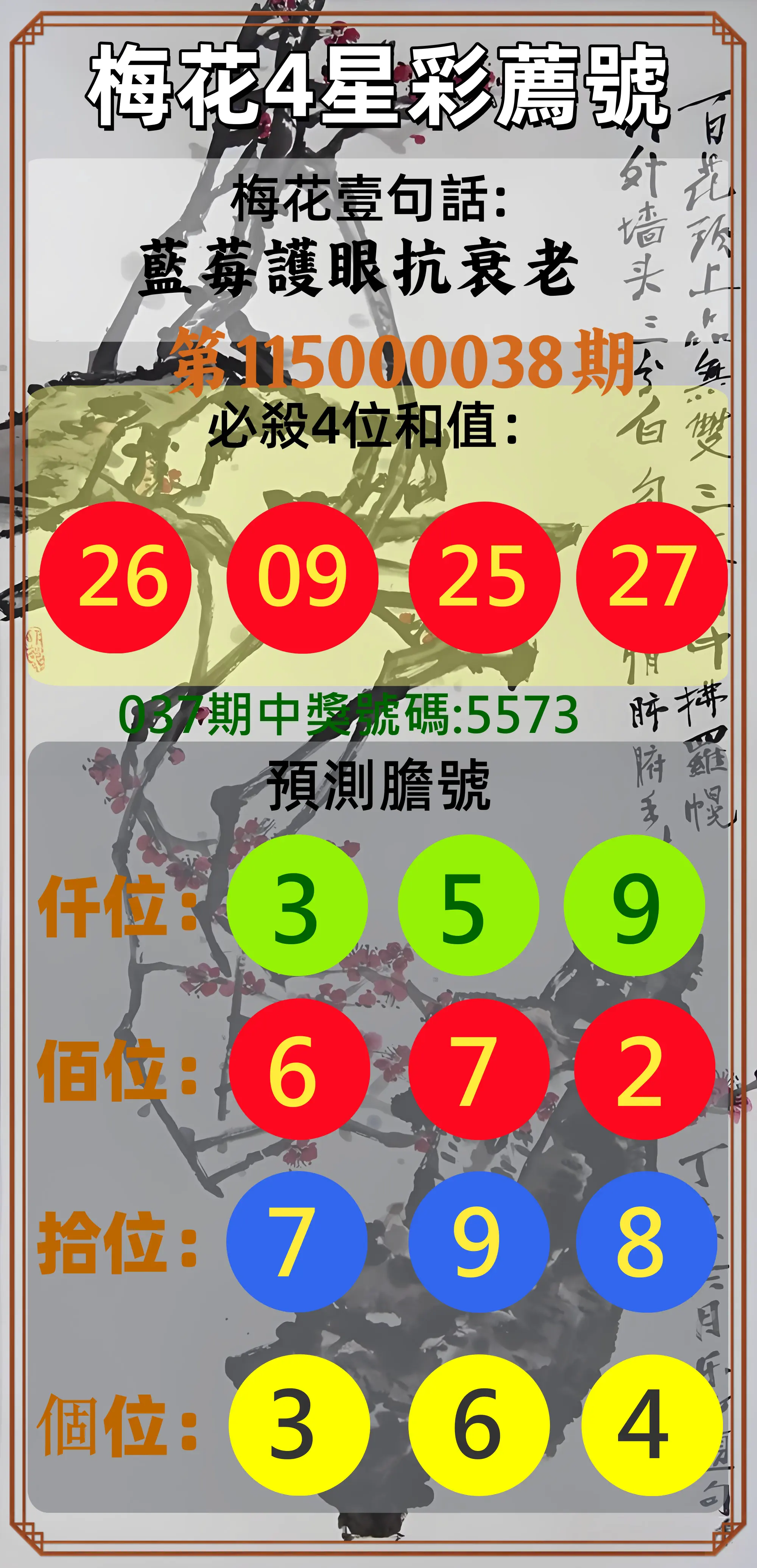 4星彩第115000038期(02/13)梅花4星彩薦號