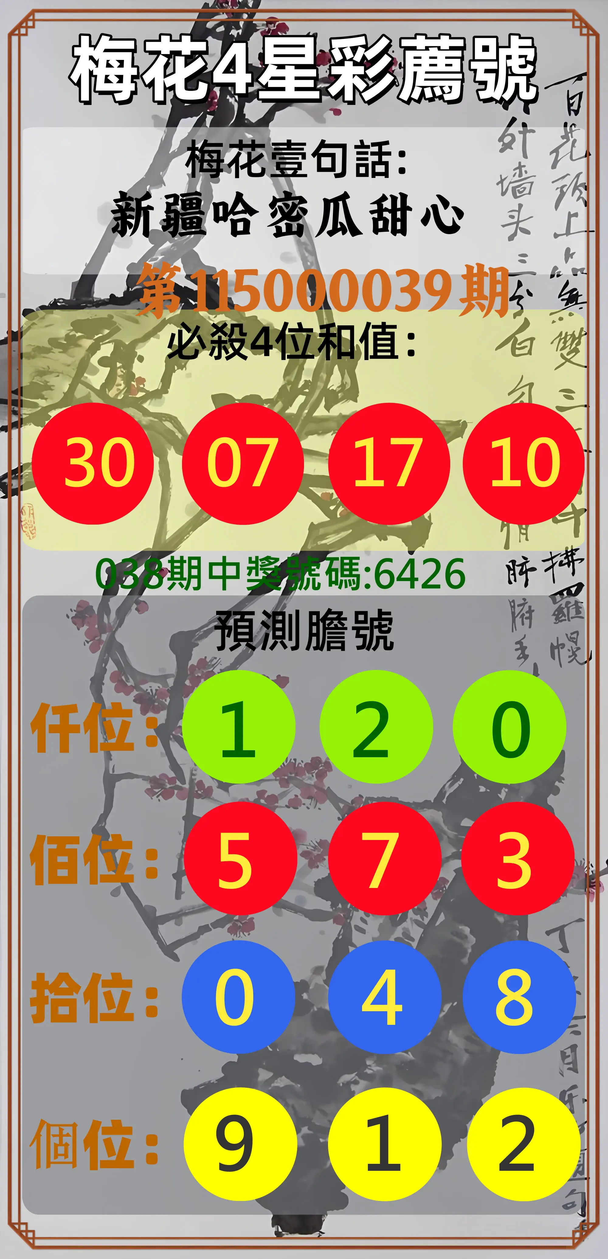 4星彩第115000039期(02/14)梅花4星彩薦號