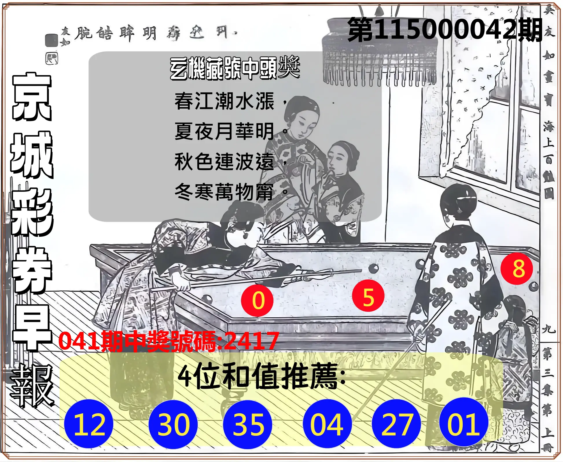4星彩第115000042期(02/17)京城彩券早報