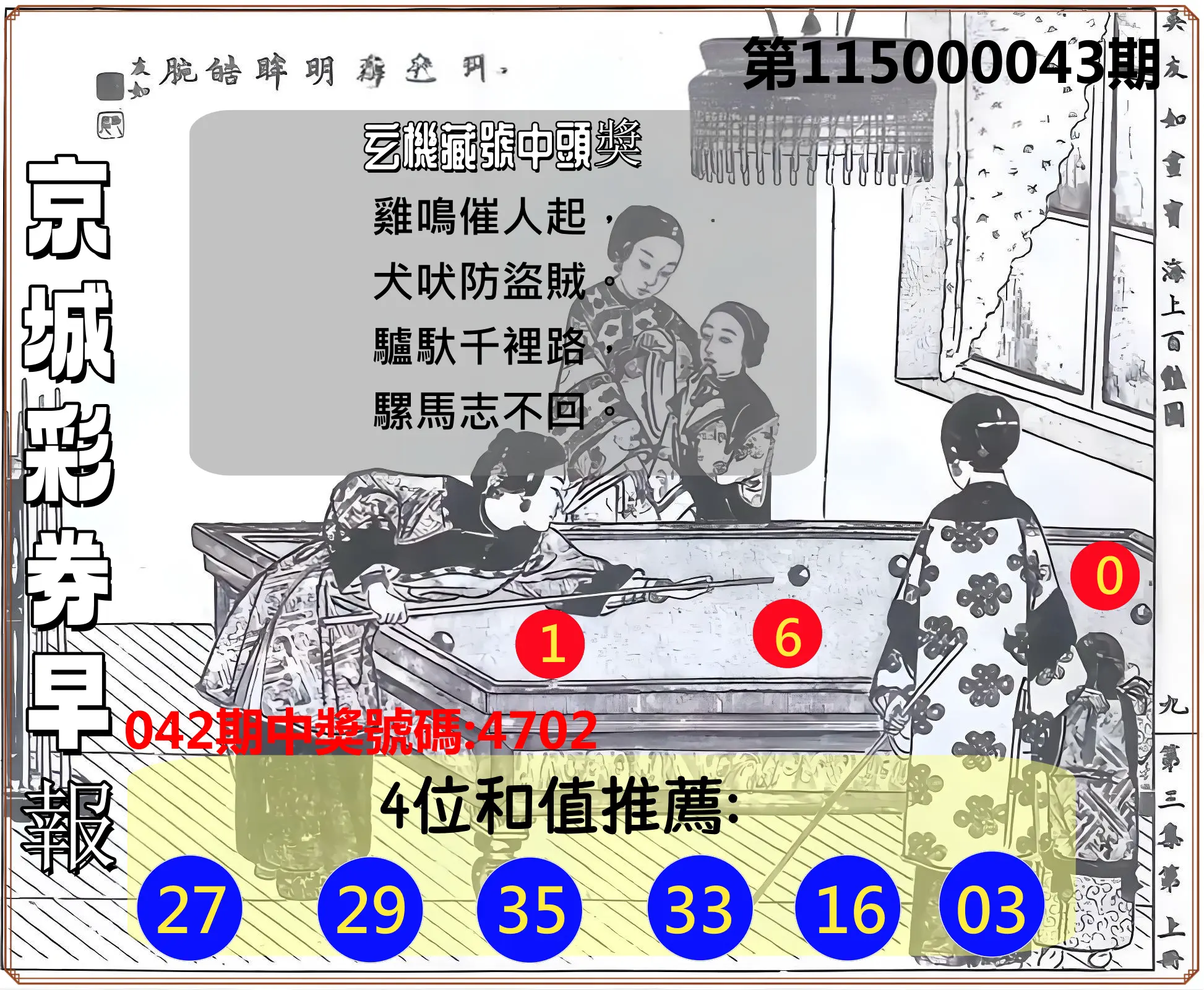 4星彩第115000043期(02/18)京城彩券早報