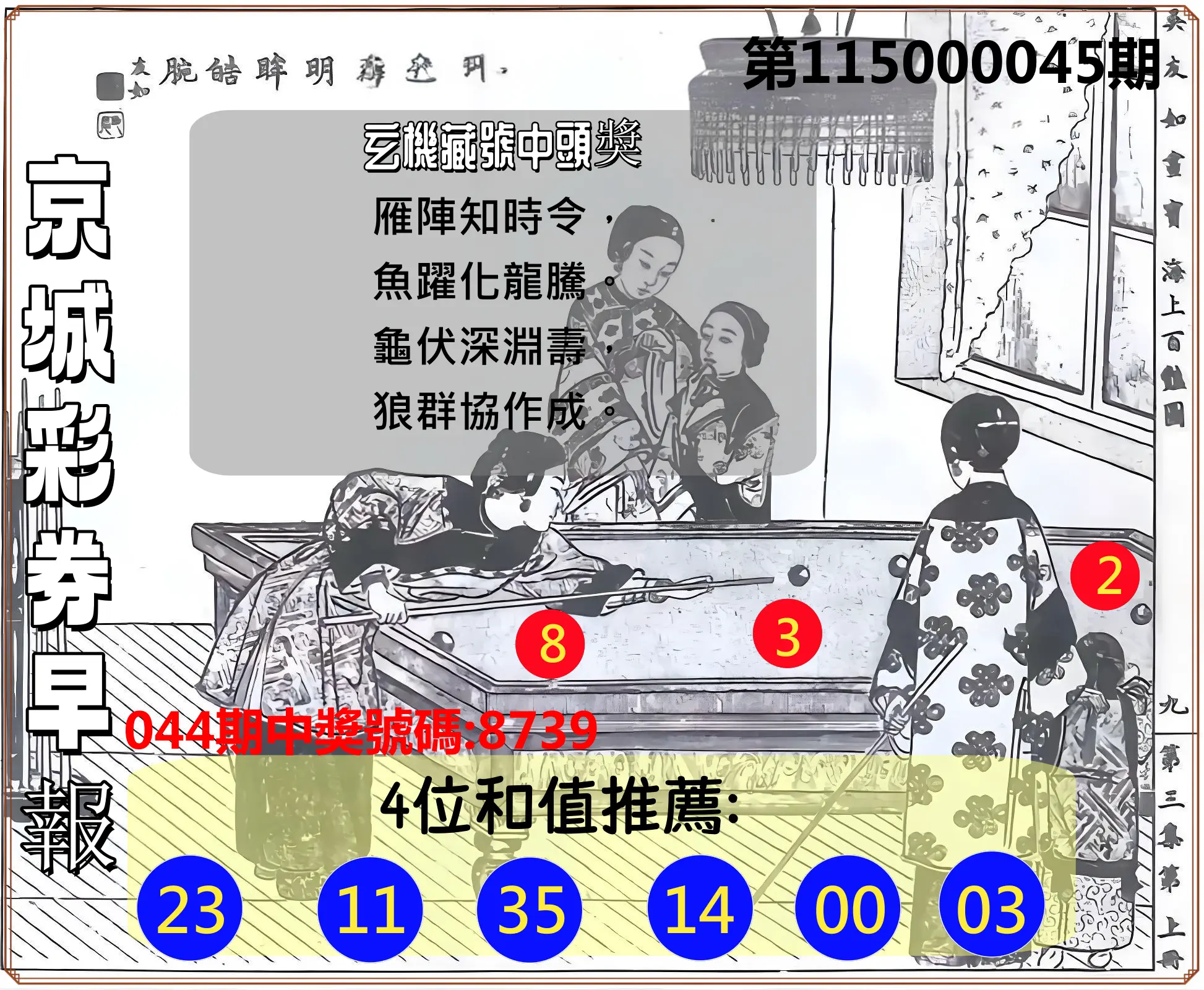 4星彩第115000045期(02/20)京城彩券早報