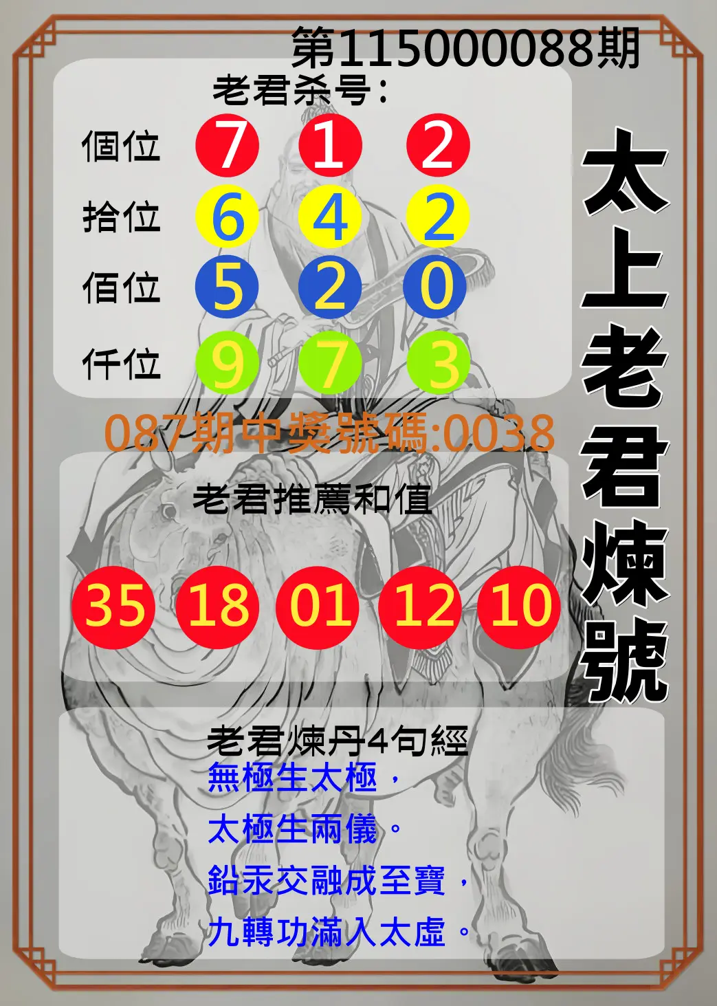 4星彩第115000088期(04/09)太上老君煉號