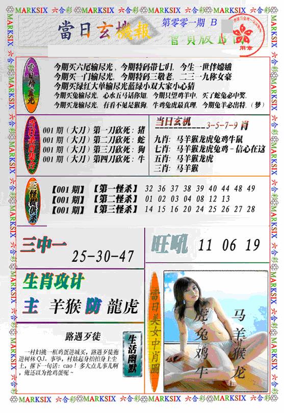 六合彩001期当日特码玄机B(新)(黑白)