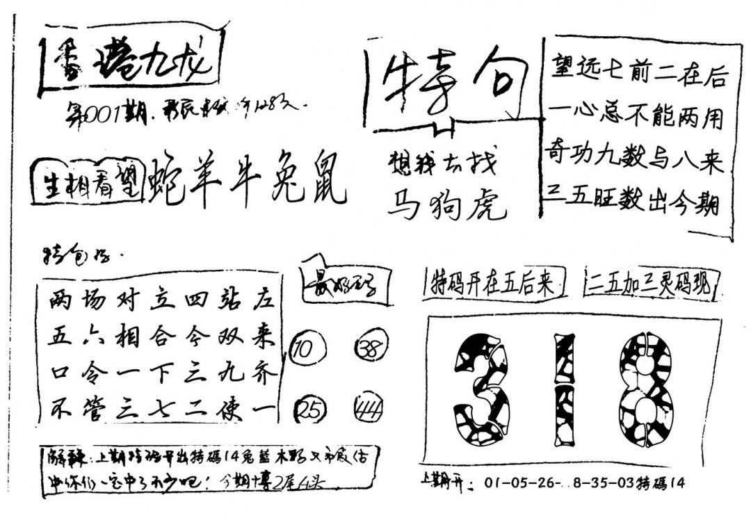 六合彩001期香港九龙(新图)手写(黑白)