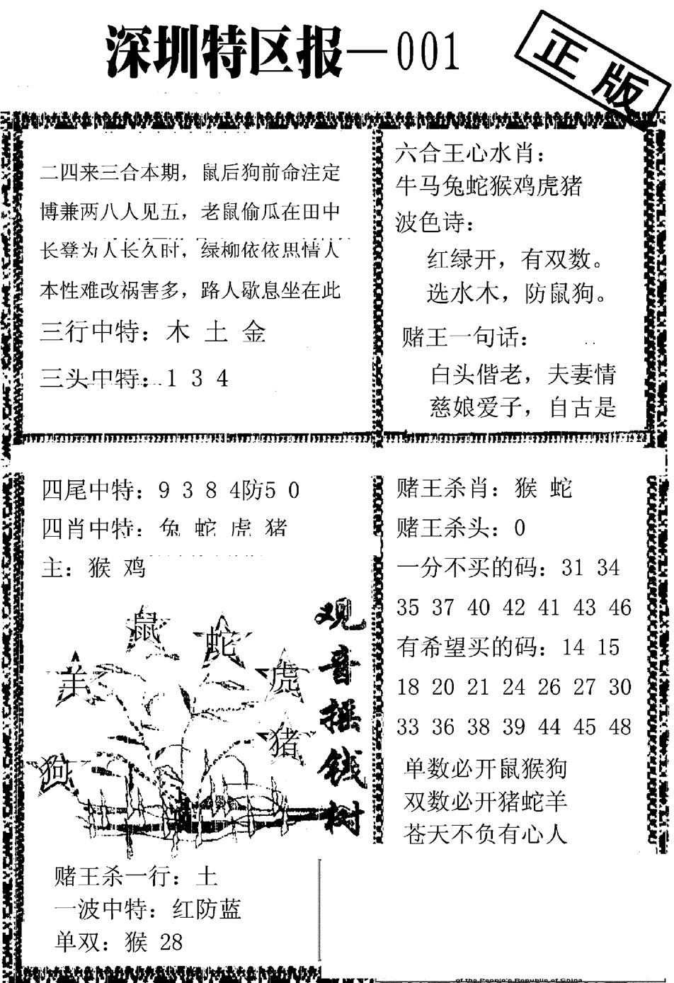 六合彩001期深圳特区报A(黑白)