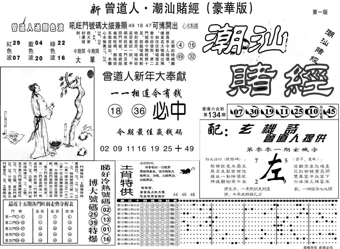 六合彩001期另潮汕赌经濠华版A(黑白)