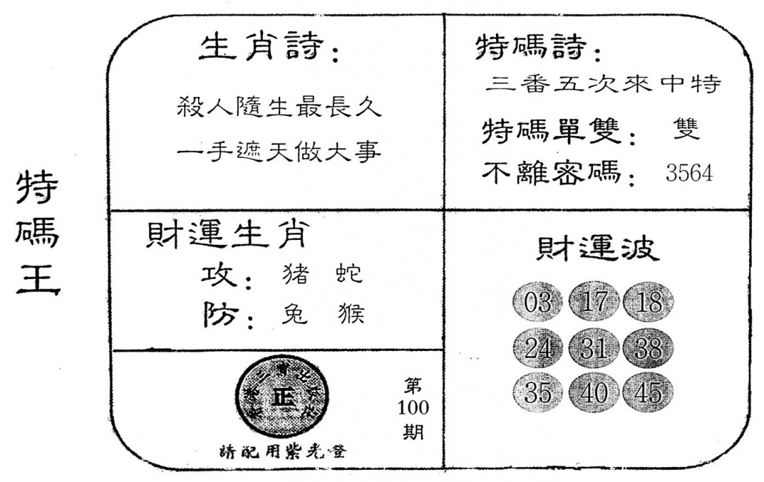 六合彩100期老版特码王(黑白)