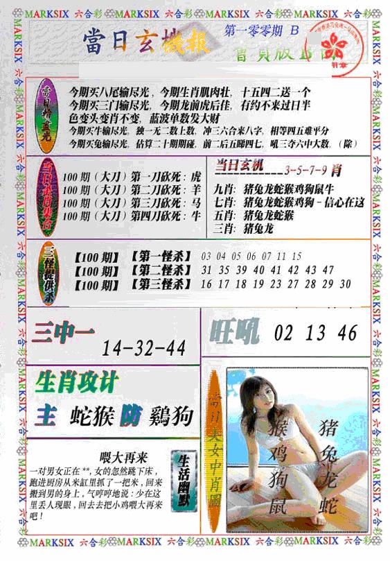 六合彩100期当日特码玄机B(新)(黑白)