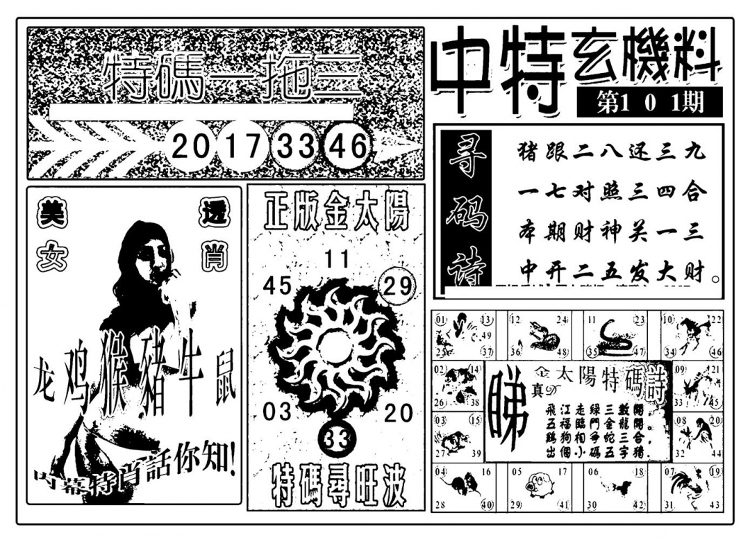 六合彩101期中特玄机料(新图)(黑白)