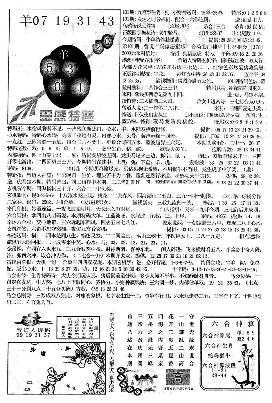 六合彩101期平西版彩霸王B(黑白)