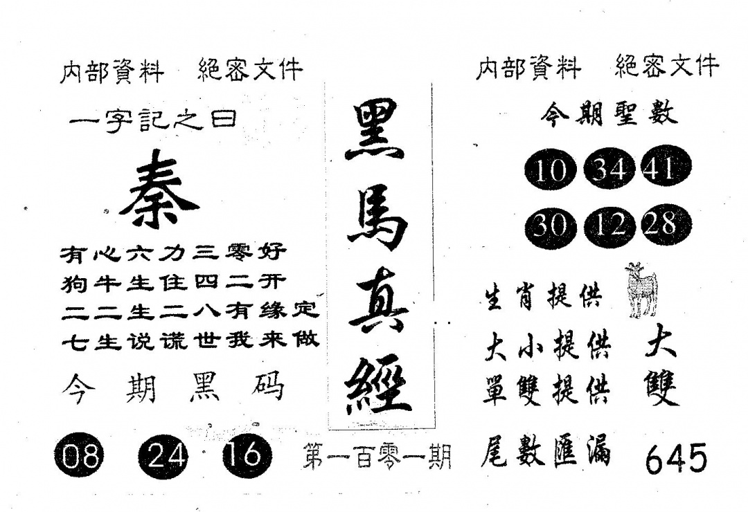 六合彩101期黑马真经(黑白)