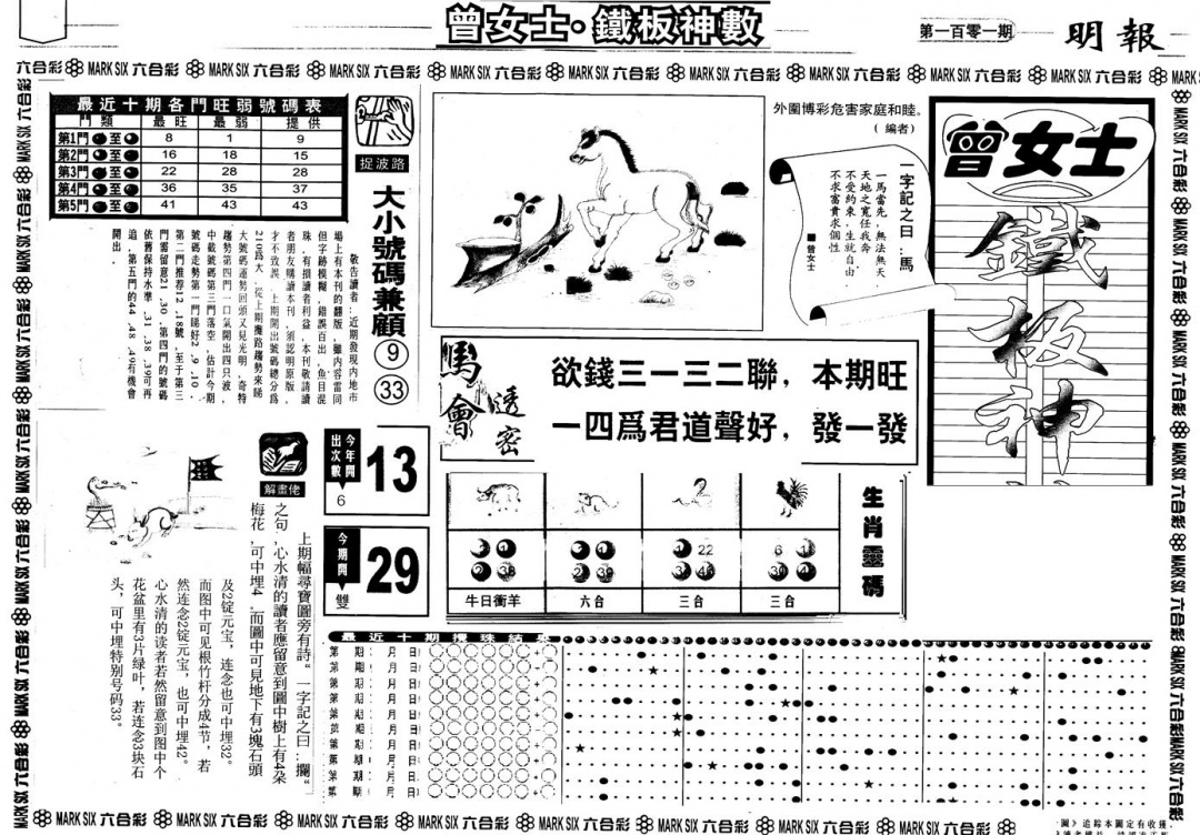 六合彩101期另版曾铁板神数A(黑白)