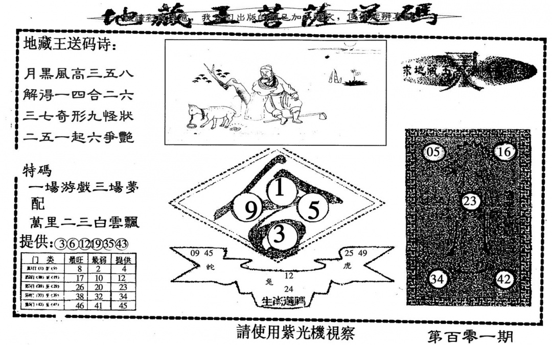 六合彩101期地藏王送码(黑白)