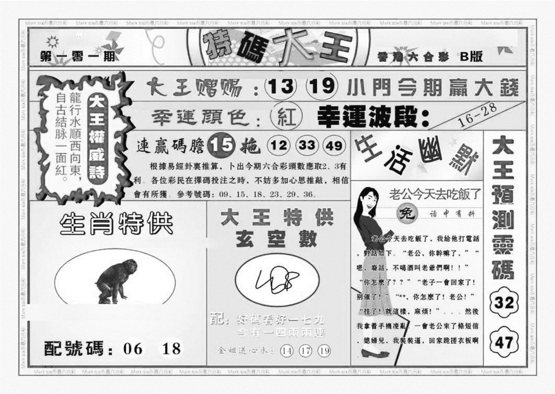 六合彩101期特码大王B（新图）(黑白)
