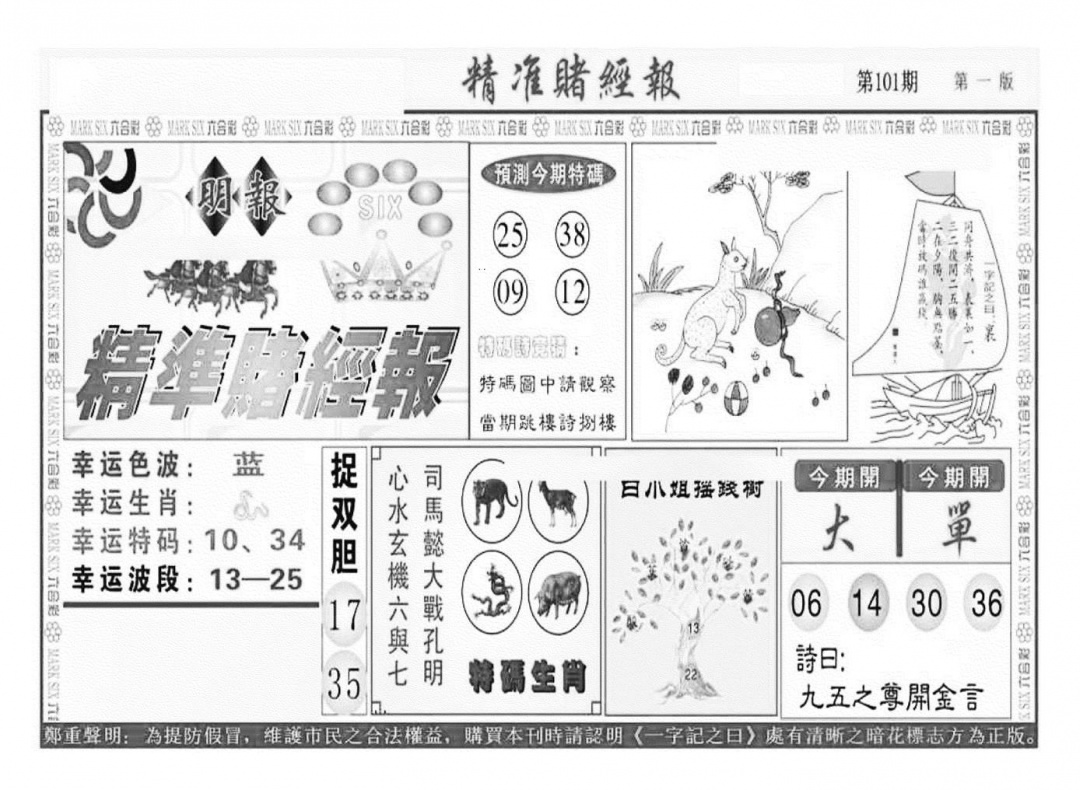 六合彩101期精准赌经报A（新图）(黑白)