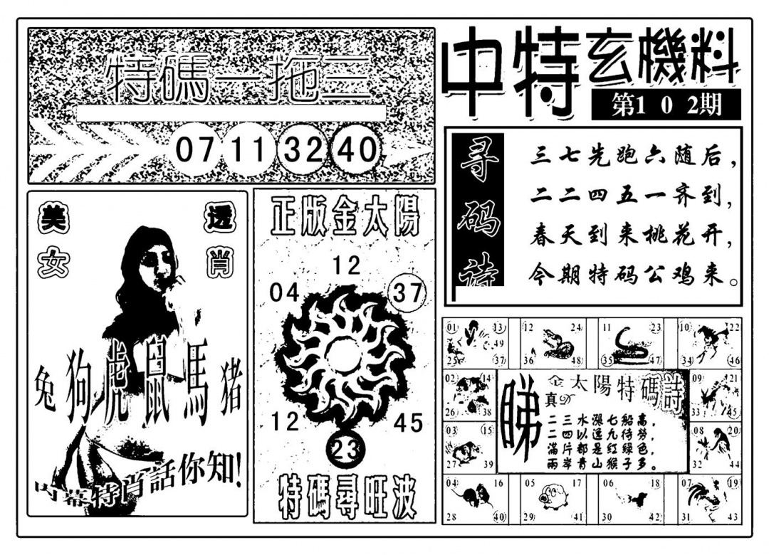 六合彩102期中特玄机料(新图)(黑白)