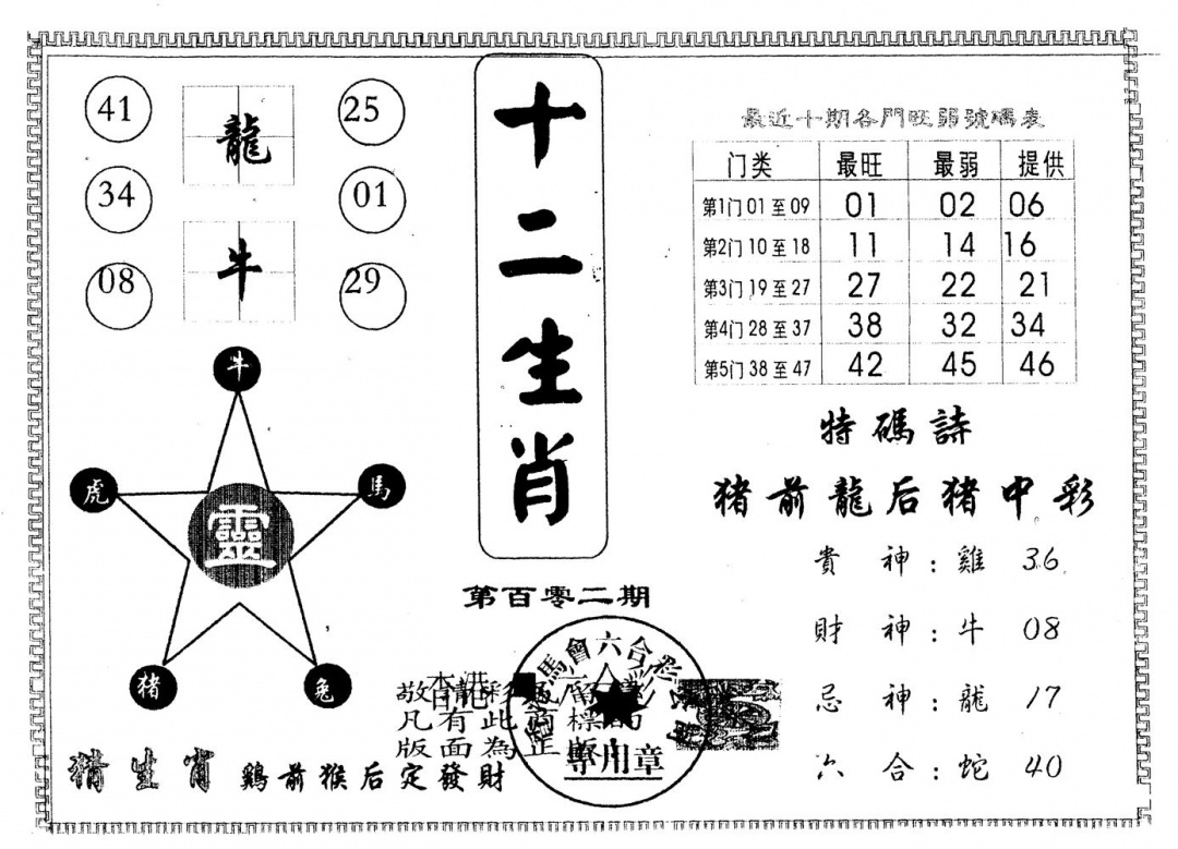 六合彩102期另版十二生肖(黑白)