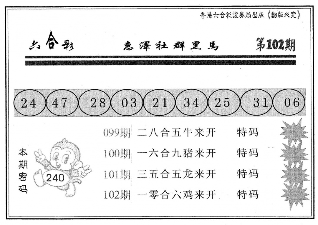 六合彩102期黑马(黑白)