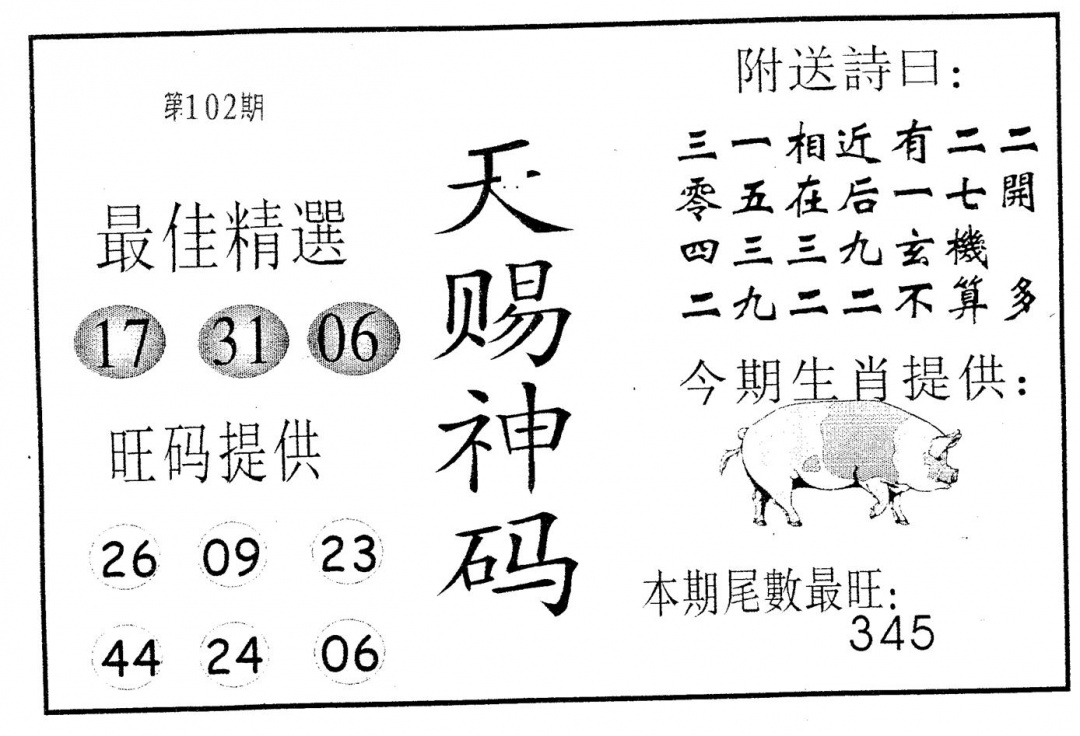 六合彩102期天赐神码(黑白)