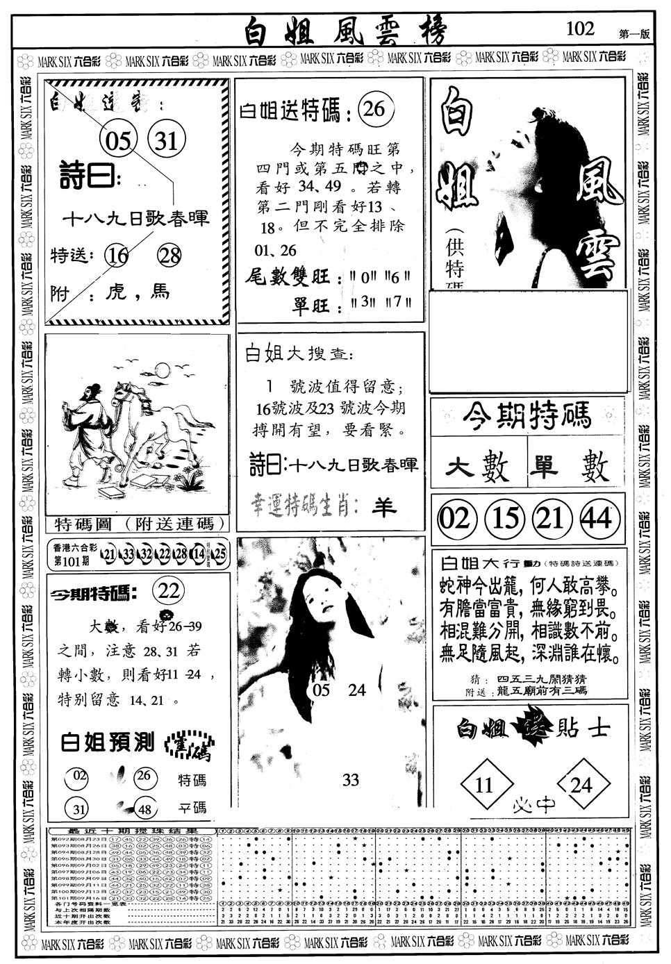 六合彩102期另版白姐风云榜A(黑白)