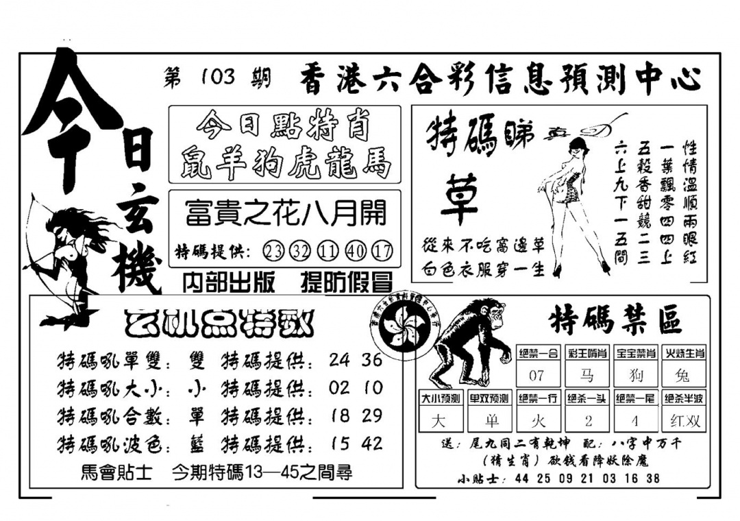 六合彩103期今日玄机(新图)(黑白)