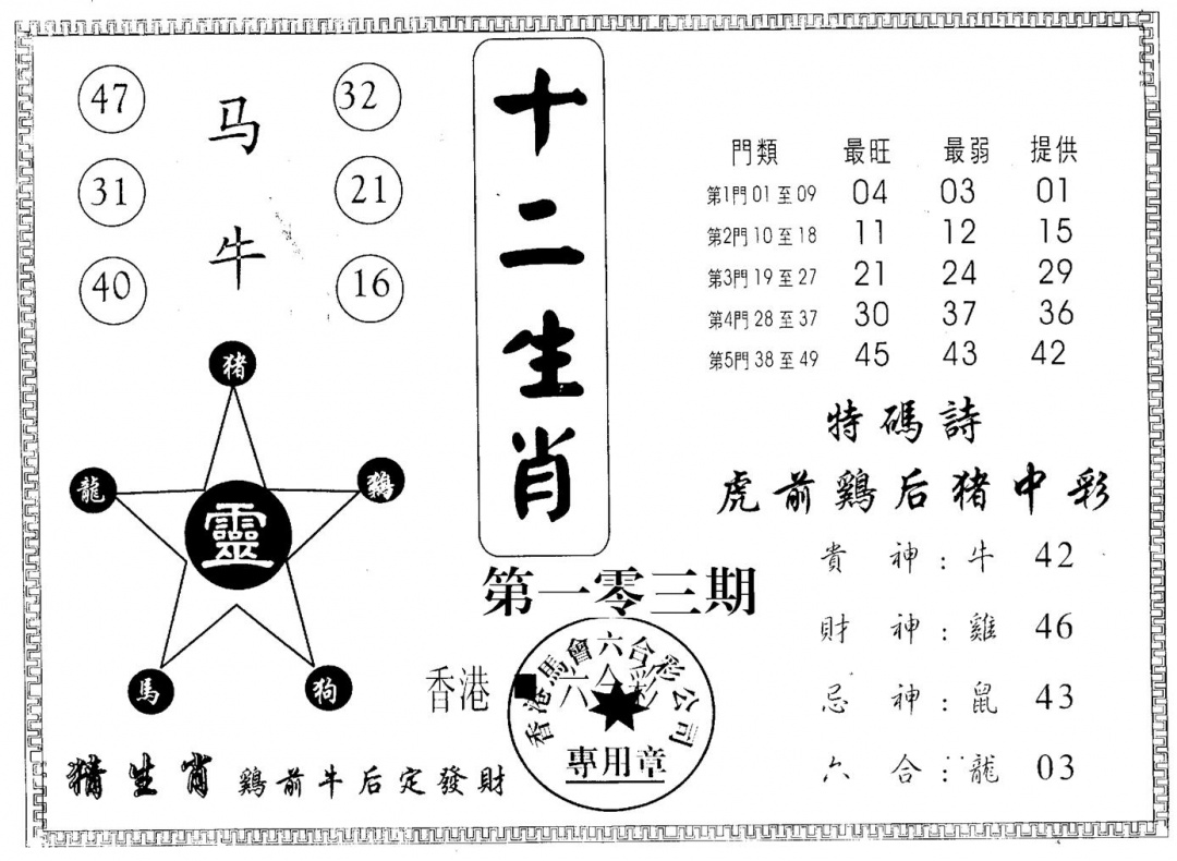 六合彩103期十二生肖(黑白)