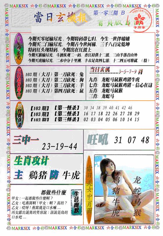 六合彩103期当日特码玄机B(新)(黑白)
