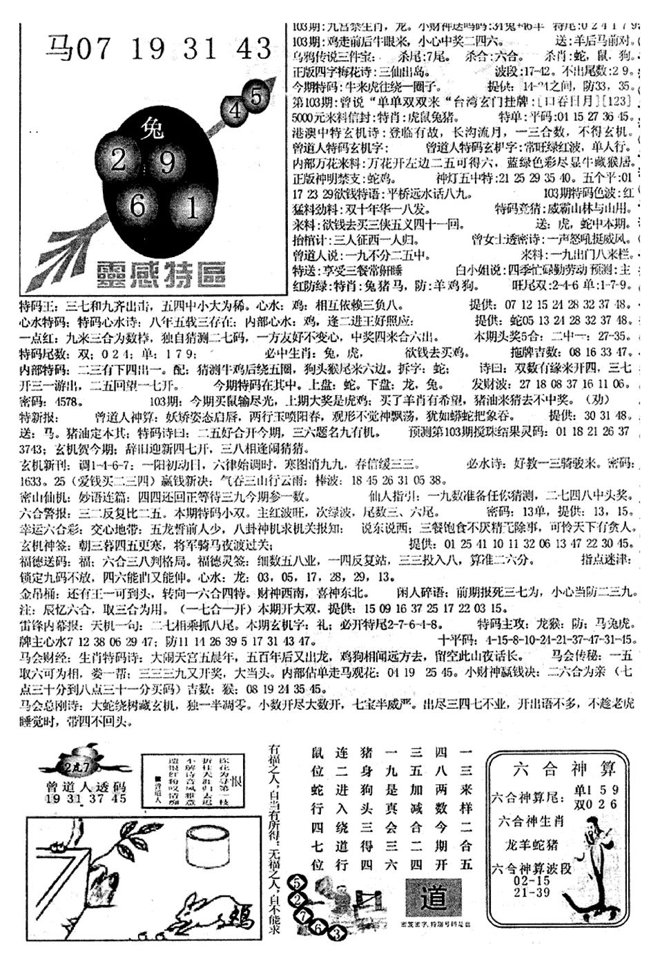 六合彩103期平西版彩霸王B(黑白)