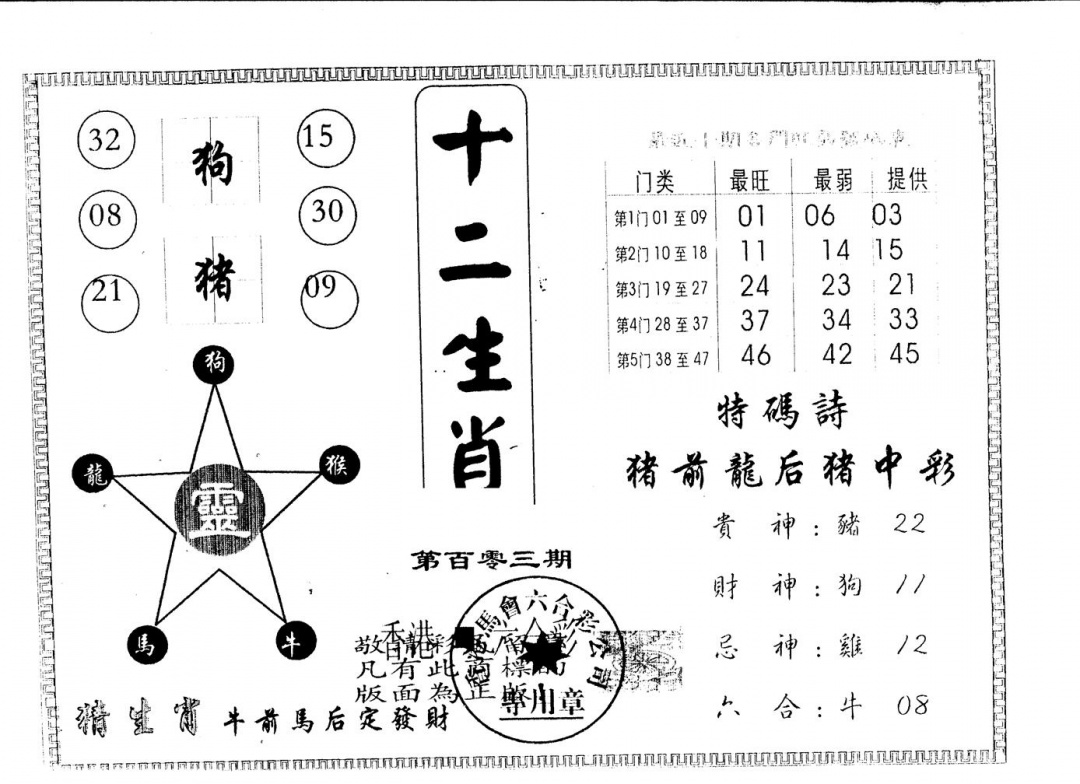 六合彩103期另版十二生肖(黑白)