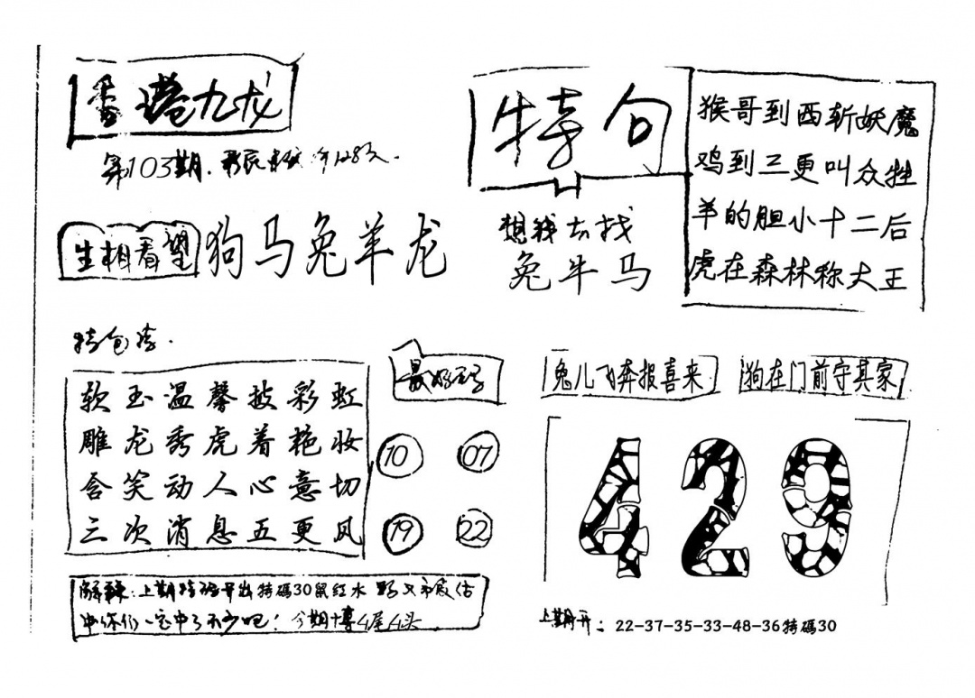 六合彩103期香港九龙(新图)手写(黑白)