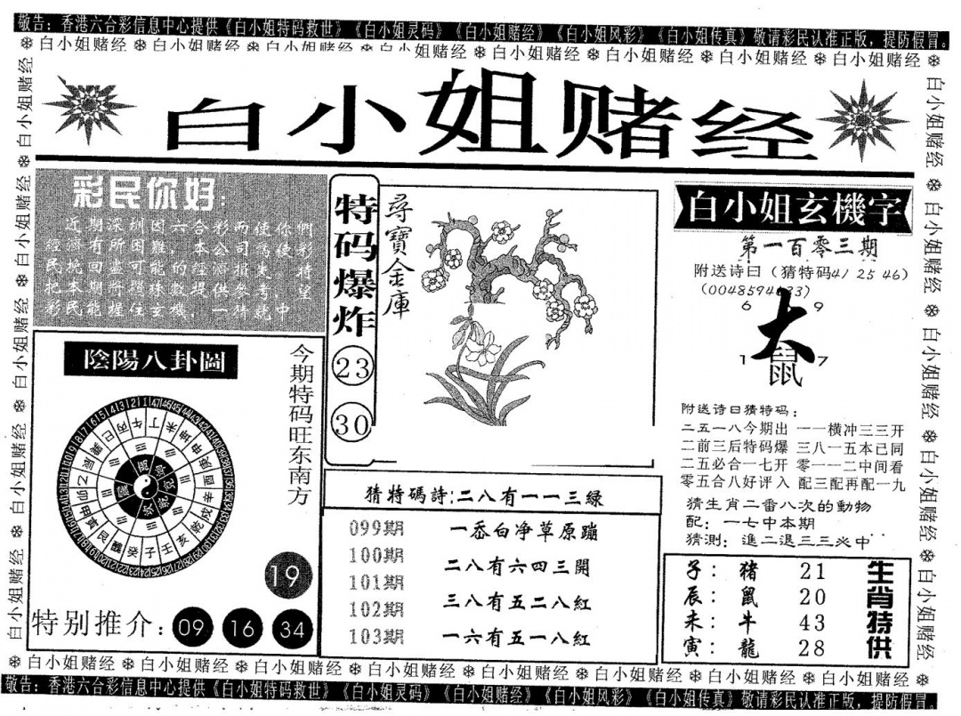 六合彩103期白姐赌经(黑白)