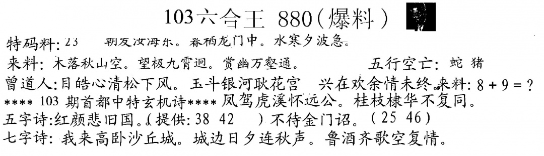 六合彩103期880来料(黑白)