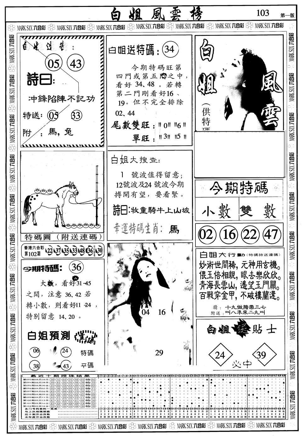 六合彩103期另版白姐风云榜A(黑白)