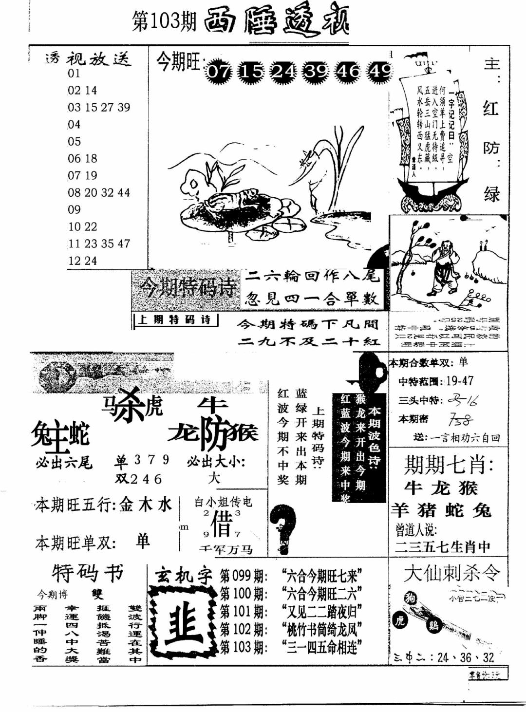 六合彩103期广东西陲透视(新报)(黑白)