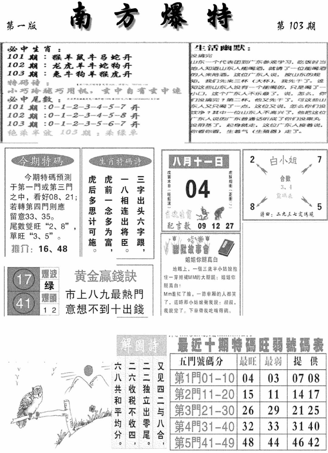 六合彩103期南方爆特A(新图)(黑白)