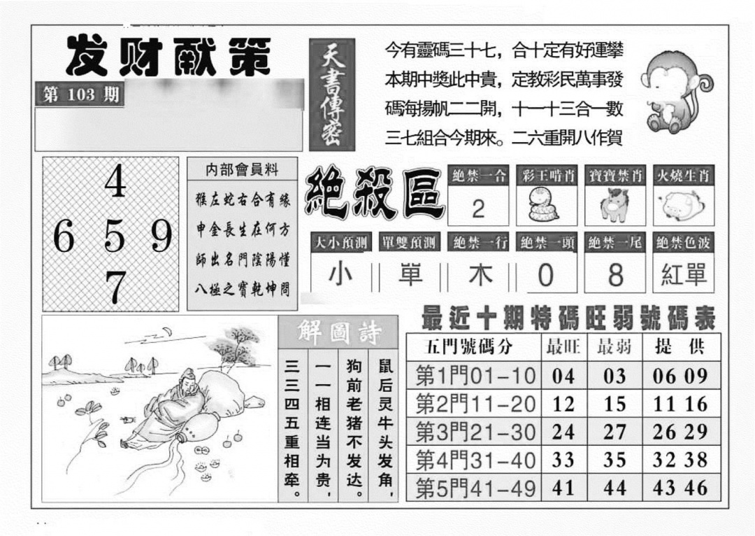 六合彩103期发财献策(特准)(黑白)